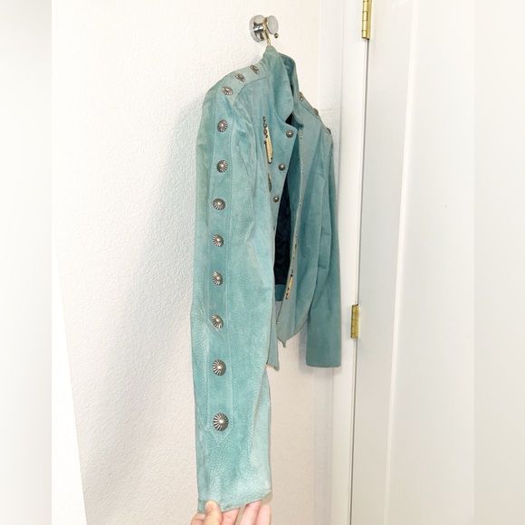 Vintage 💯 Suede Embellished Beaded Military Style Jacket Tiffany Blue SZ: Large - Picture 5 of 16